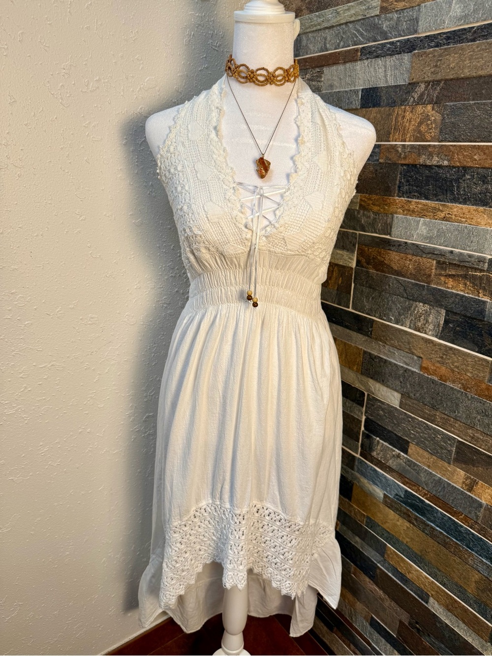 Sea Spice Women’s White Halter Lace-Trim Midi Dress with Smocked Waist Med NWT